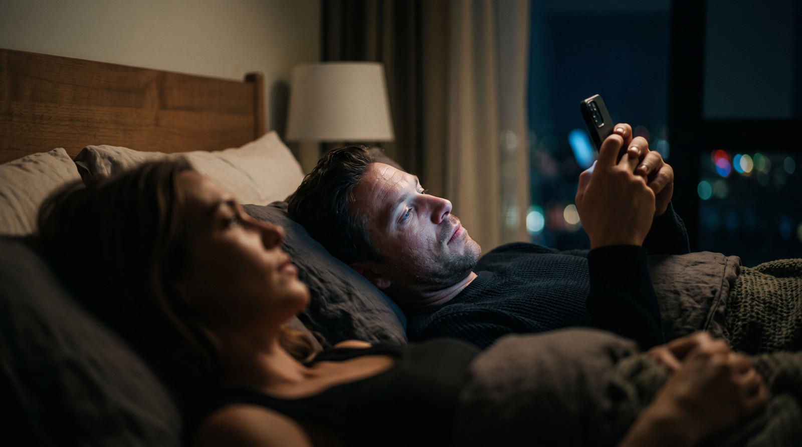 A man looking at a glowing smartphone screen in a dark bedroom next to his partner, illustrating digital infidelity and emotional distance in a relationship.