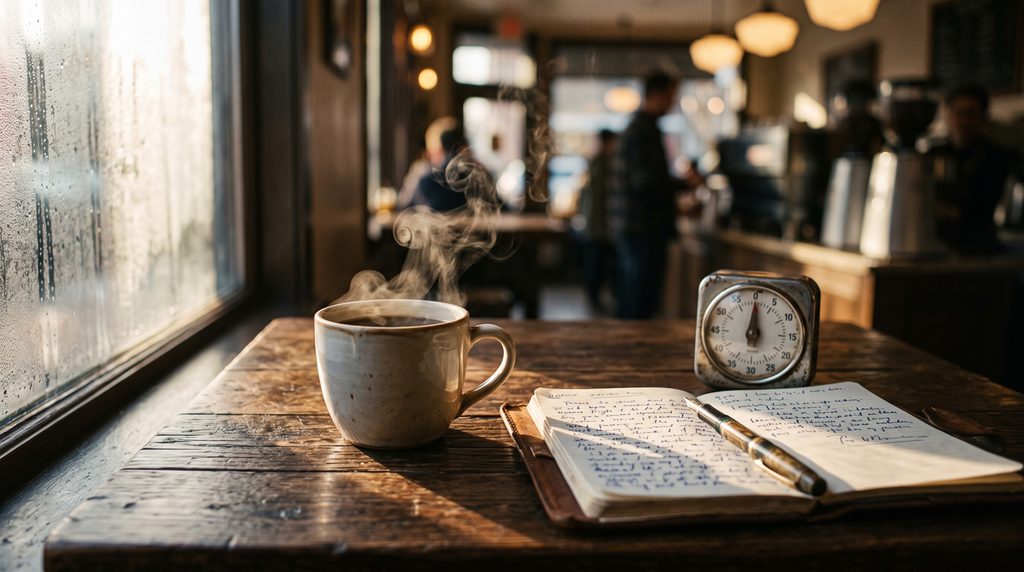 Vintage coffee shop table with a steaming coffee mug and notebook, reflecting the origins of speed dating.