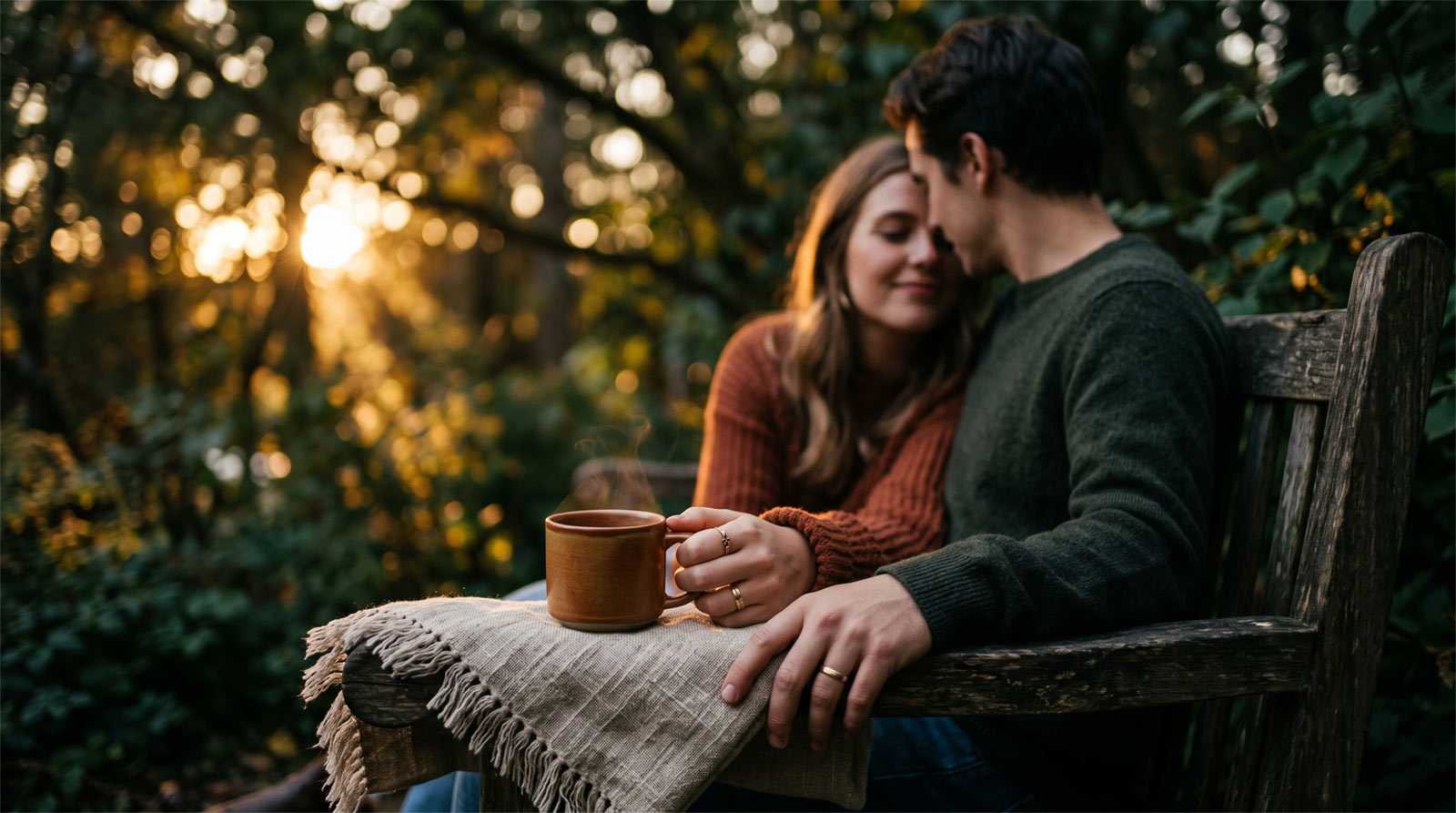 Couple sitting close together during golden hour, capturing a cozy intimate date night atmosphere.