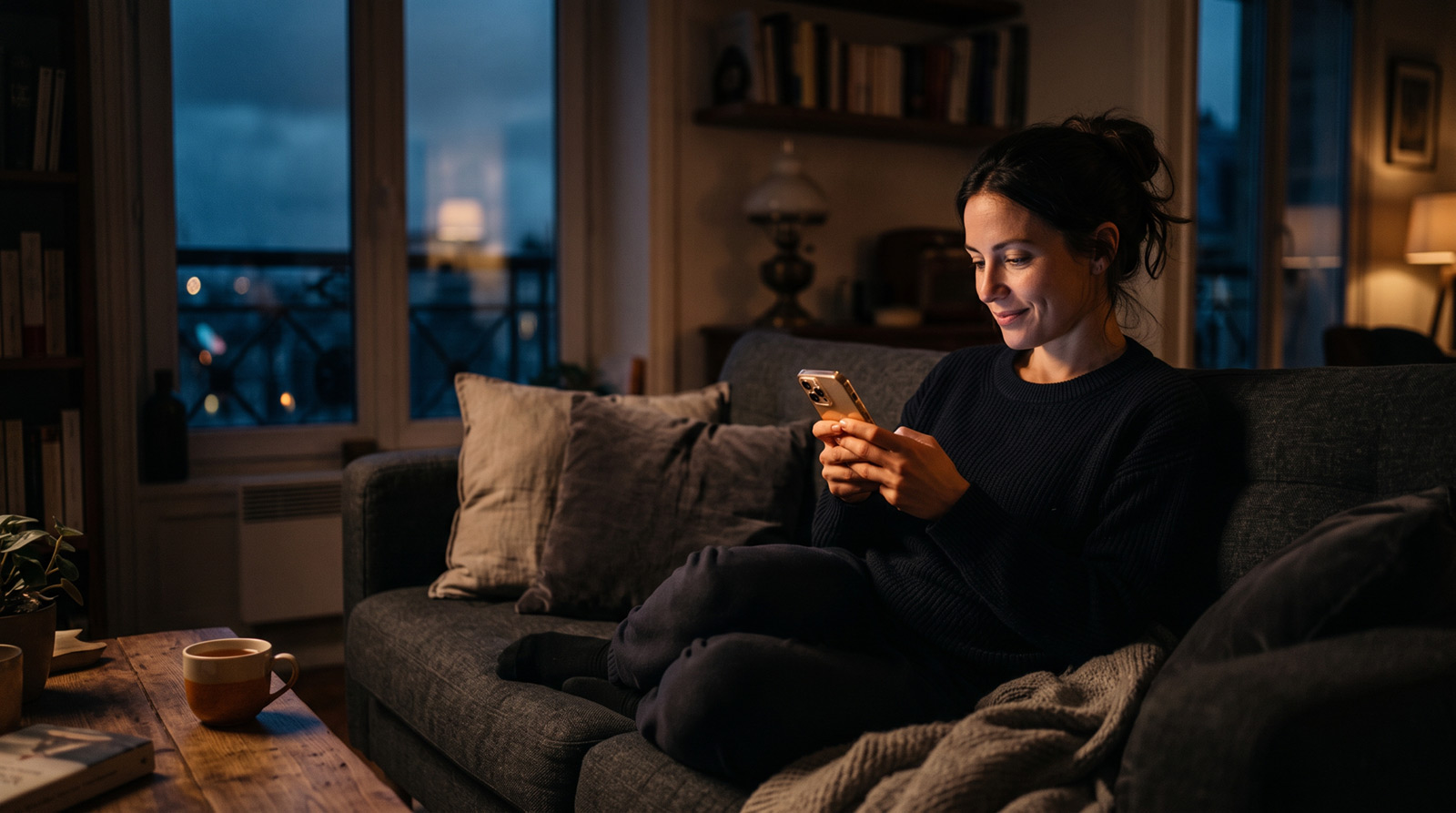 A quiet, intimate shot of a person sitting on a plush dark sofa in a dimly lit living room late at night.