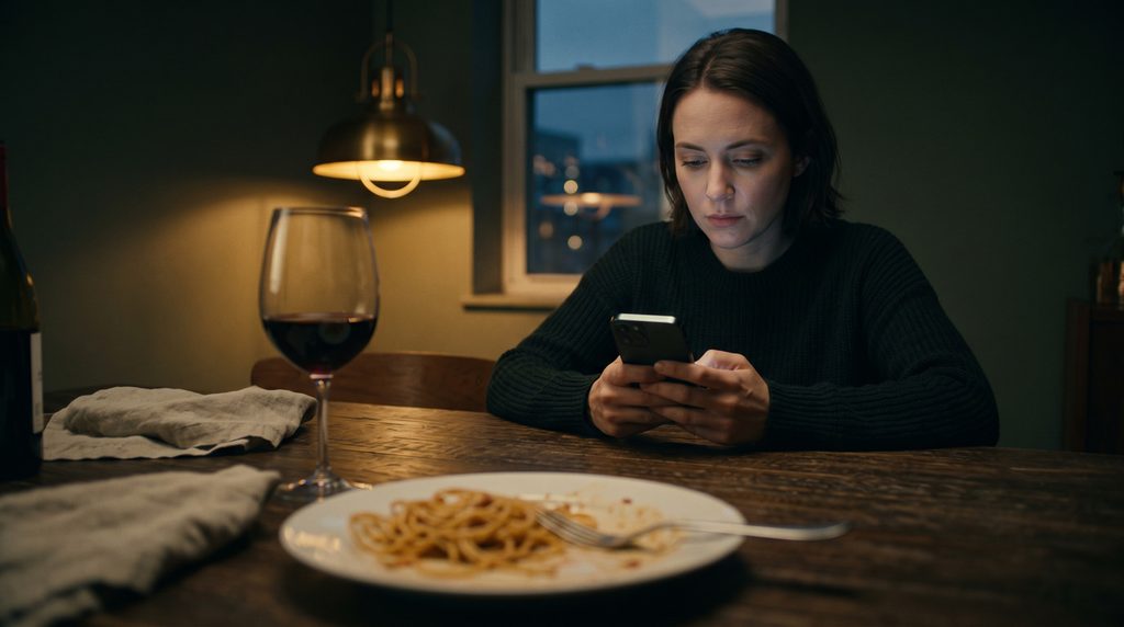A partner distracted by their phone at the dinner table, demonstrating emotional displacement and pseudo-intimacy in couples.