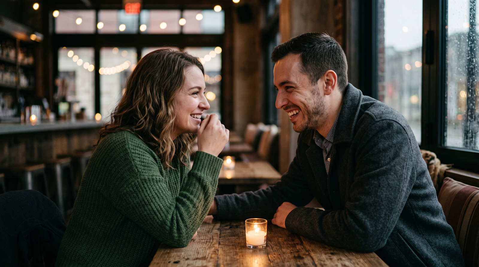 A man and woman laughing together over a candlelit table at a speed dating event in a cozy, moody lounge.