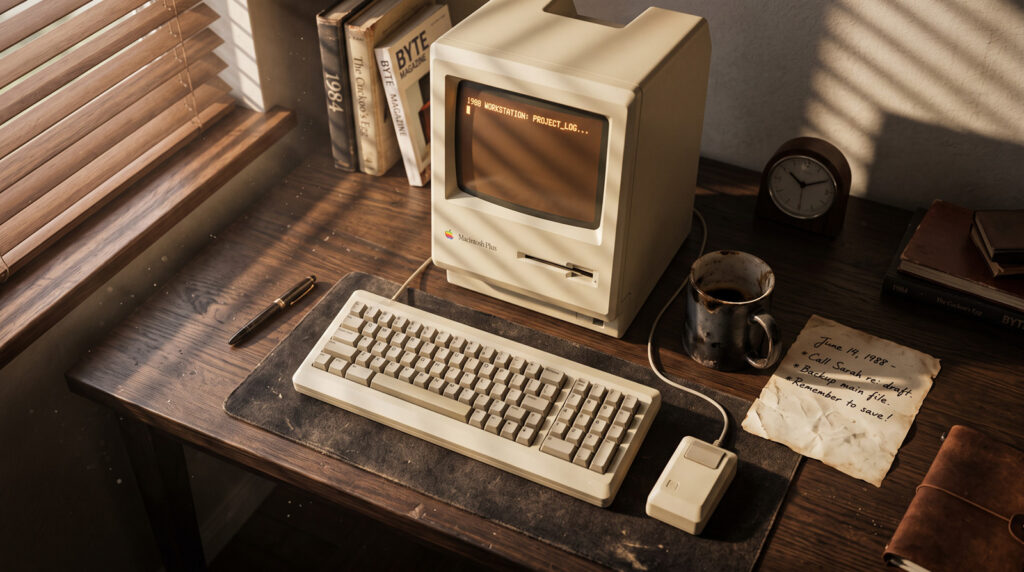 Nostalgic overhead editorial shot of a dark wooden desk setup. On the desk sits an retro vintage beige desktop computer terminal beside a worn ceramic coffee mug and vintage handwritten paper note with cursive writing