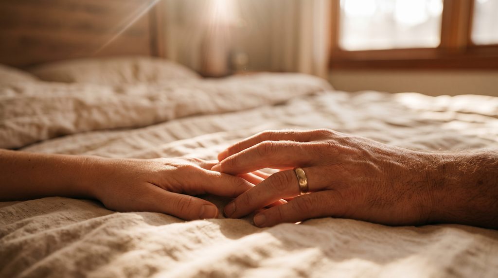 Two hands gently touching on a linen sheet during golden hour, depicting real human connection and setting digital boundaries.