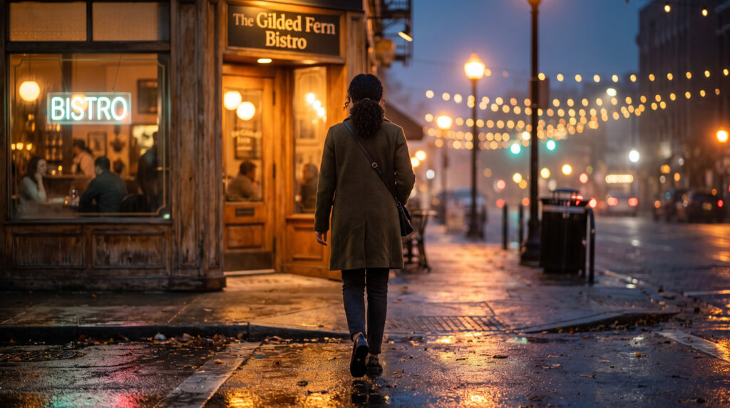 A cinematic over-the-shoulder perspective of someone walking toward a warm, softly lit entrance of a local neighborhood bistro at dusk.