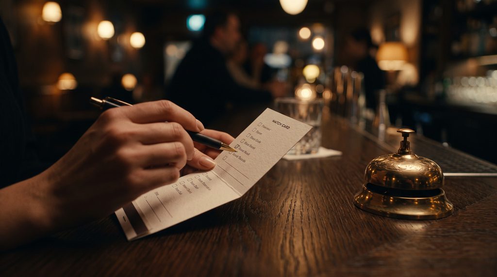 Close-up of a match card and a vintage brass bell on a wooden table at a speed dating event.