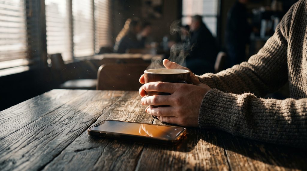 Hands holding a mug next to a glowing smartphone on a rustic table, symbolizing synthetic intimacy and digital affection.