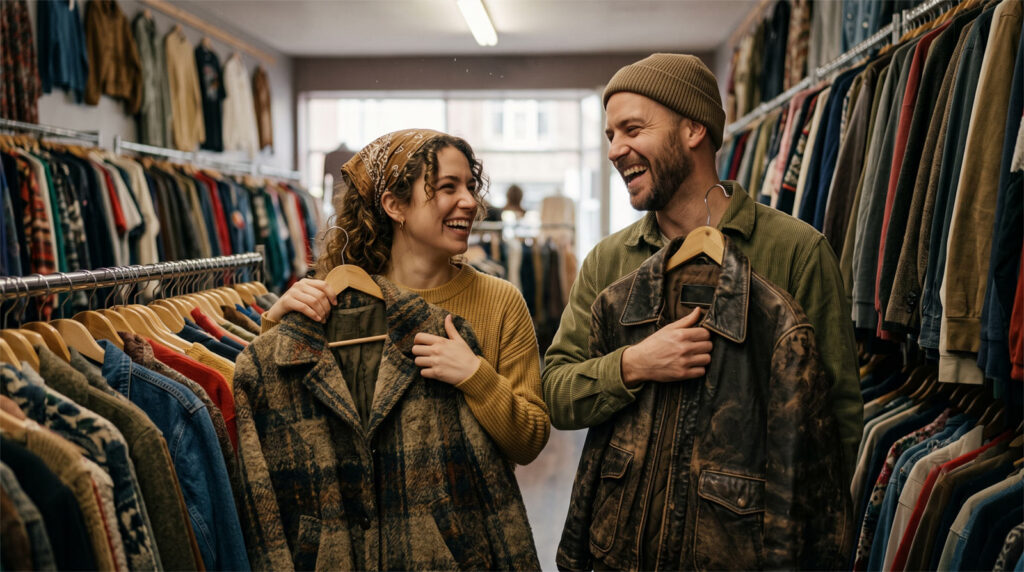 Man and woman laughing while choosing retro clothes in a thrift shop during a fun date activity.