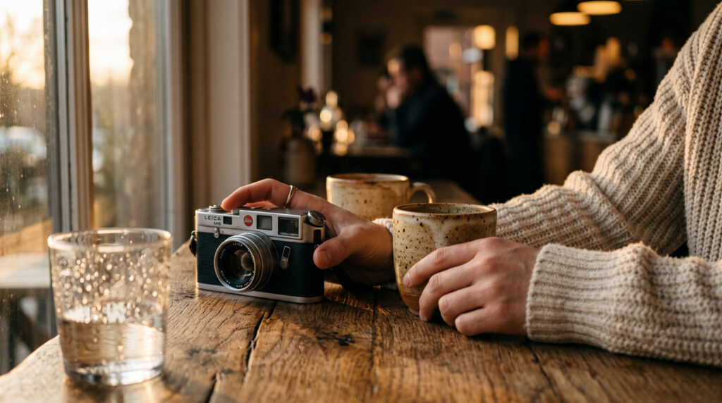 Close-up cinematic shot of two hands resting near two artisanal ceramic coffee cups on a raw oak table in a cozy café. One hand gently holds an vintage analog film camera resting on the table.