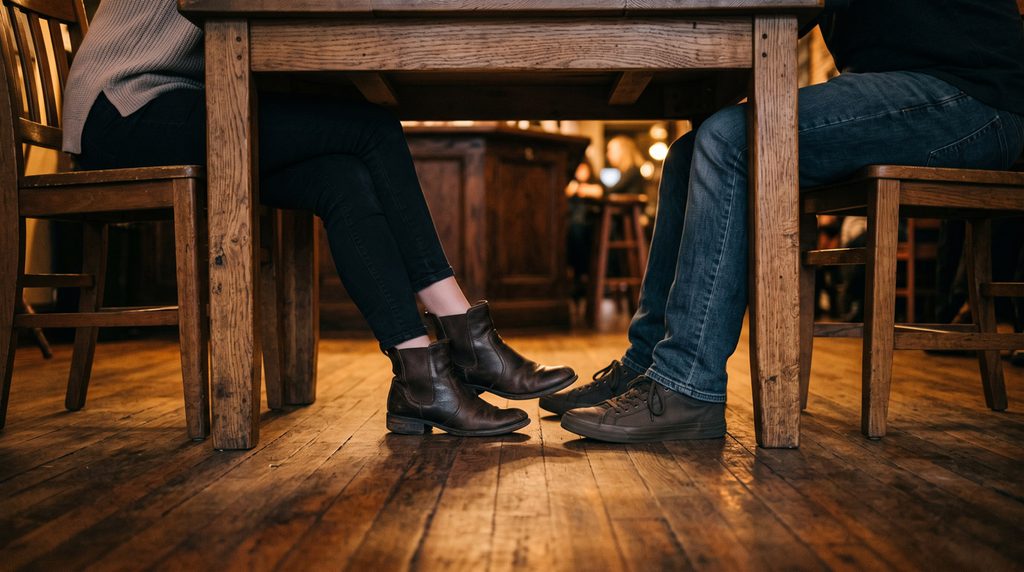 Low-angle editorial photo showing body language alignment and feet pointing toward a date partner under a dimly lit table.