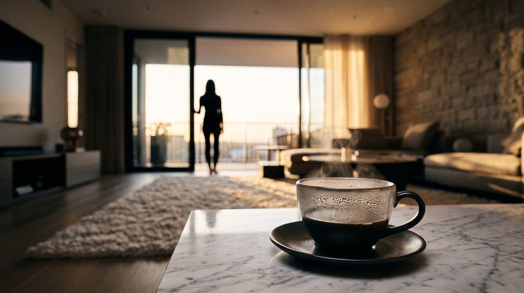 A touch of cold tea on a table with a shadowed figure in the background, depicting fear of loneliness in modern relationships.