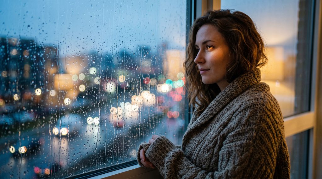 Woman standing by a rain-covered window at dusk, depicting emotional vulnerability and the search for connection.
