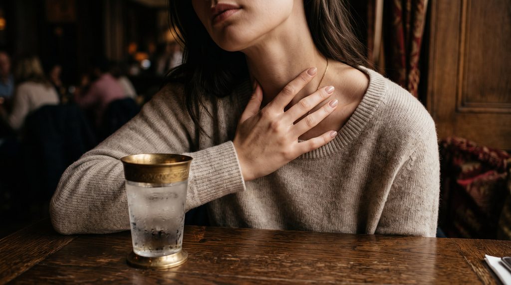 Close-up editorial photograph of a woman subtly touching her neck during a conversation, representing preening behavior and nonverbal attraction signals.