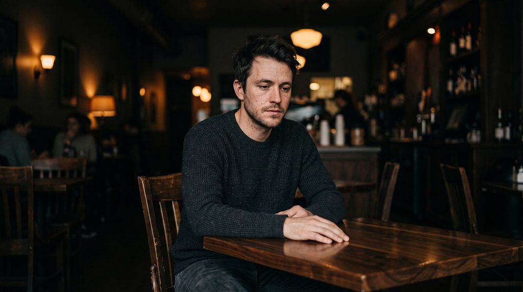 Man sitting alone at a dark table in low light, reflecting on emotional disconnection after a casual encounter.