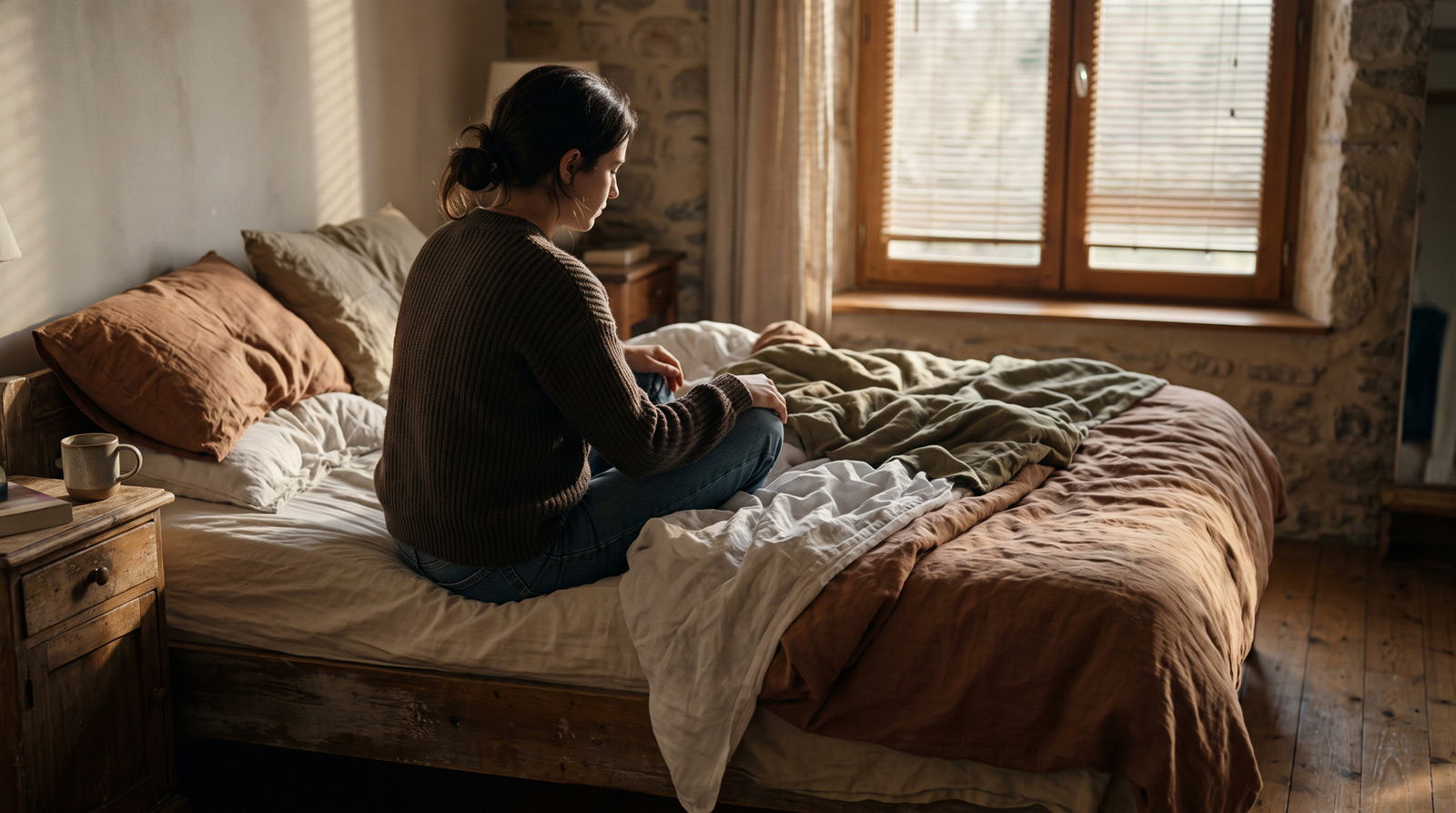 A person sitting reflectively on the edge of a bed in soft morning sunlight, representing the psychological aftermath of casual intimacy.