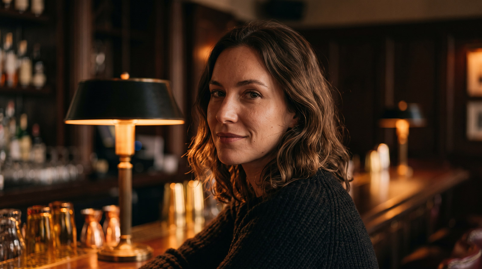 A cinematic 35mm photograph of a woman making lingering, subtle eye contact across a dimly lit bar, illustrating nonverbal flirting cues and romantic attraction.