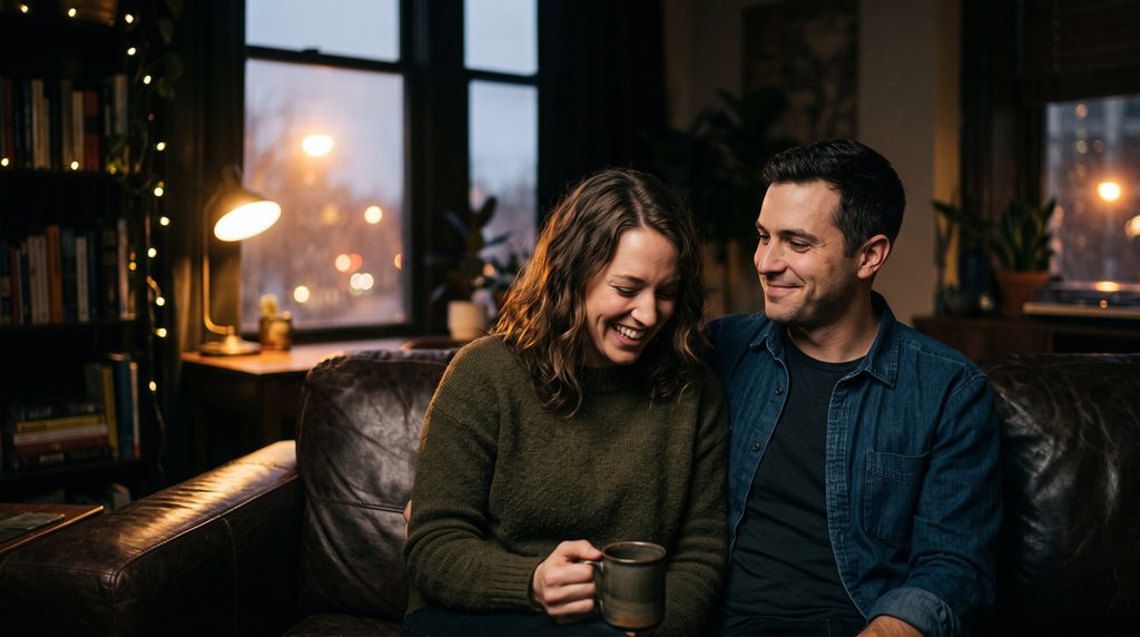 A candid, cinematic photo of a woman tilting her head and laughing softly with her date during a warm night conversation.
